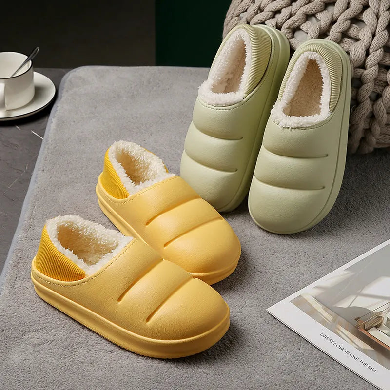 Couple cotton slippers in green with thick EVA sole and warm plush lining for winter garden and home use