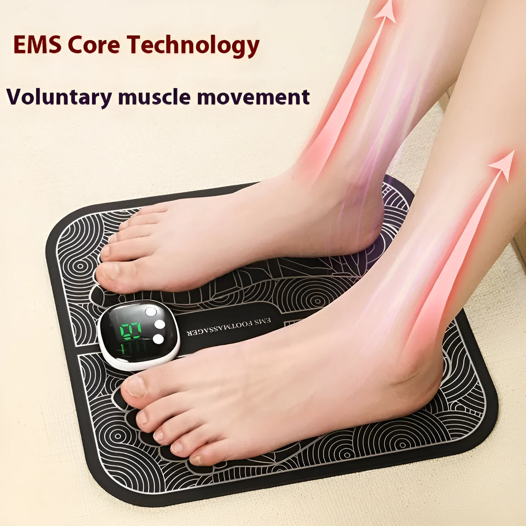 Blue square foot massage mat with USB charging cable and remote control for reflexology therapy