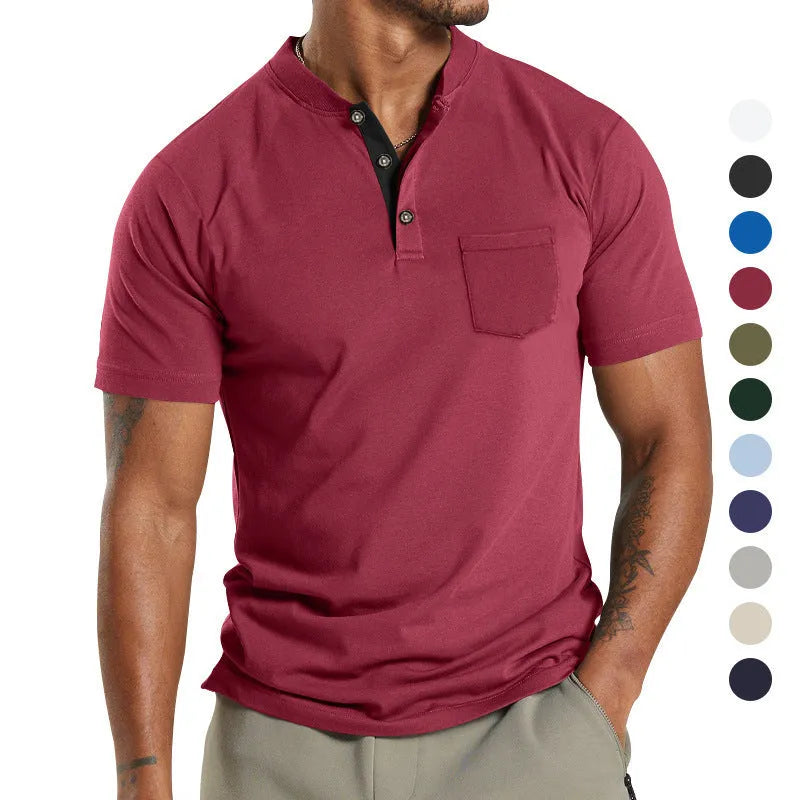 Men's plus size short sleeve solid colour shirt with a button chest pocket on a hanger.