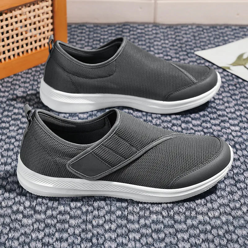 Unisex mesh walking shoes with Velcro fastening, flat heel, round toe, in black, grey, blue, or wine red, sizes 36-47