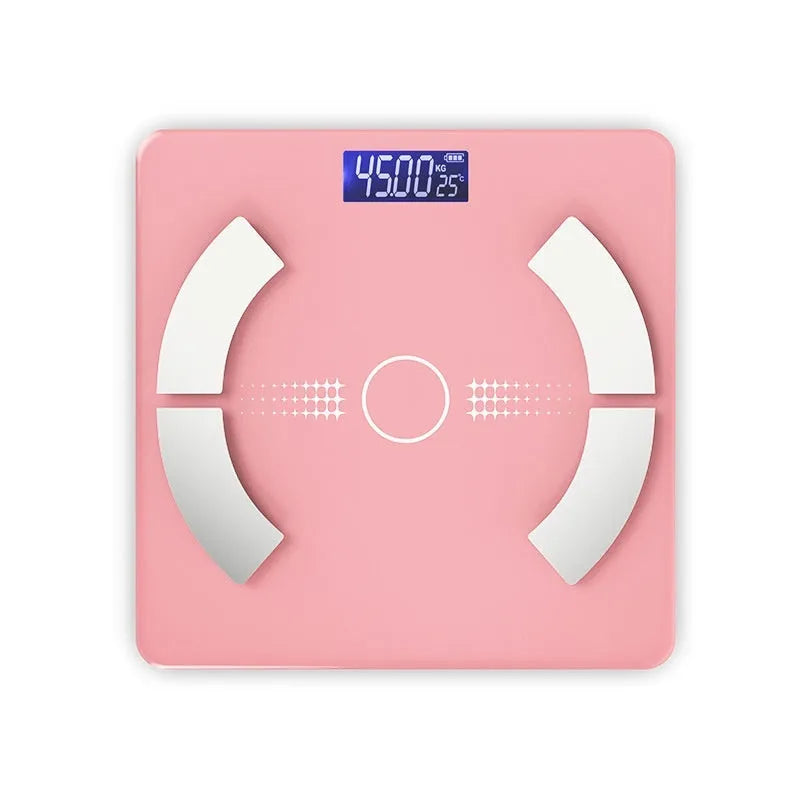 Smart Bluetooth body fat scale in white colour showing digital display and mobile app connection