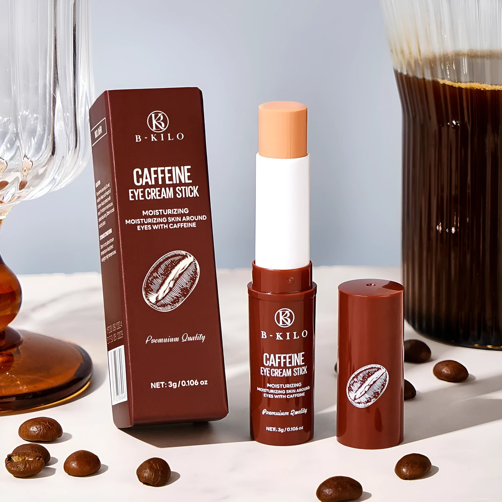 Caffeine eye cream stick with 3g net content for hydrating and reducing fine lines and dark circles