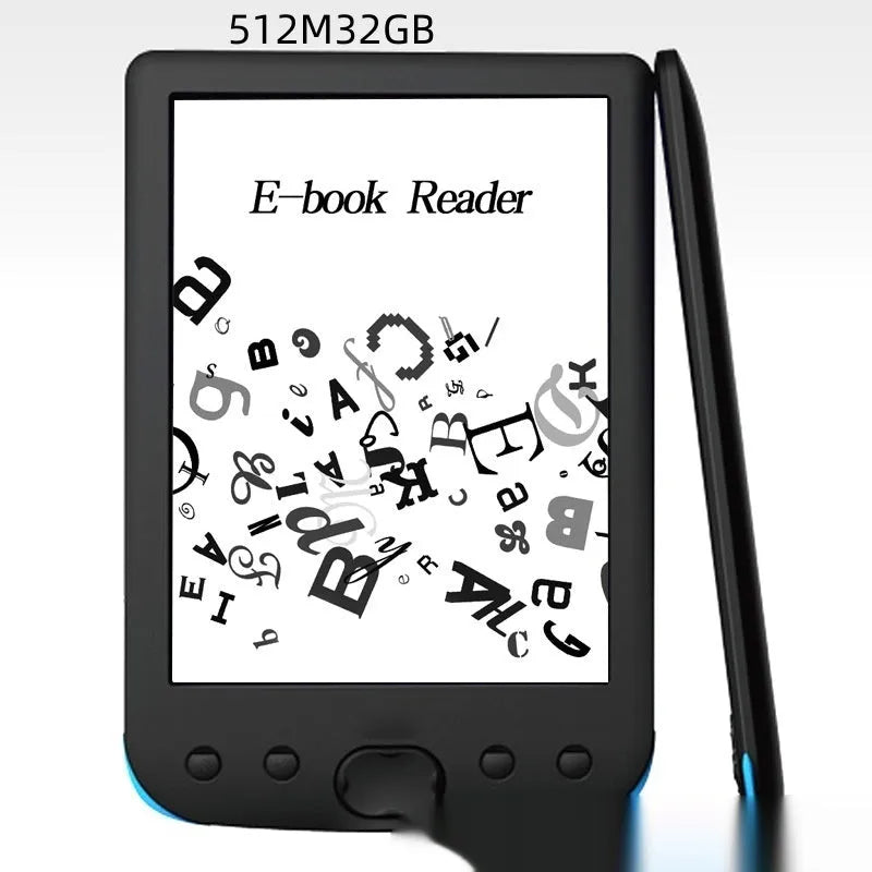 Black 6-inch E-ink screen e-book reader with anti-glare display showing book text