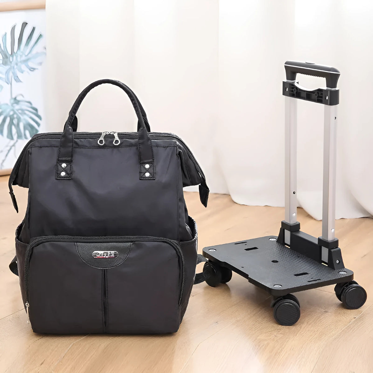 Folding Oxford cloth travel bag with soft handle and pull rod, shown in black, dark blue, wine red, purple, rose red and army green
