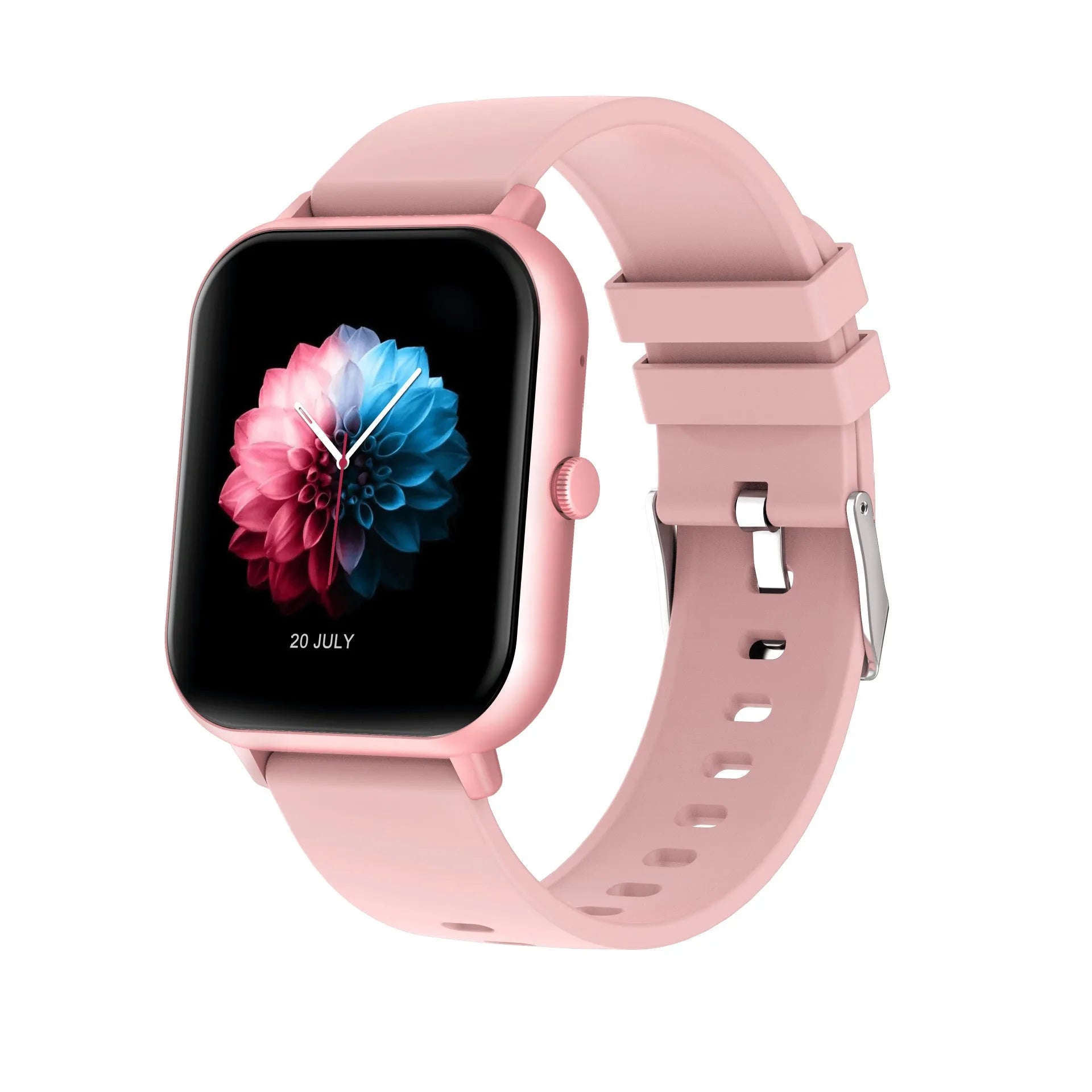 Black smart watch with AI voice control, heart rate monitor, and touch screen on a wrist.
