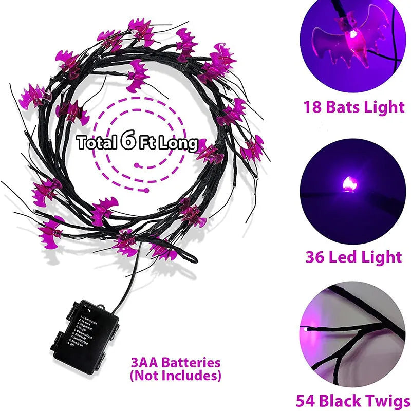 Halloween LED willow vine string light with 18 bat or pumpkin rattan lights, 100 LEDs and 2000 mm length
