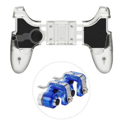Black plug-in gamepad attached to an Android mobile phone for physical gaming controls.
