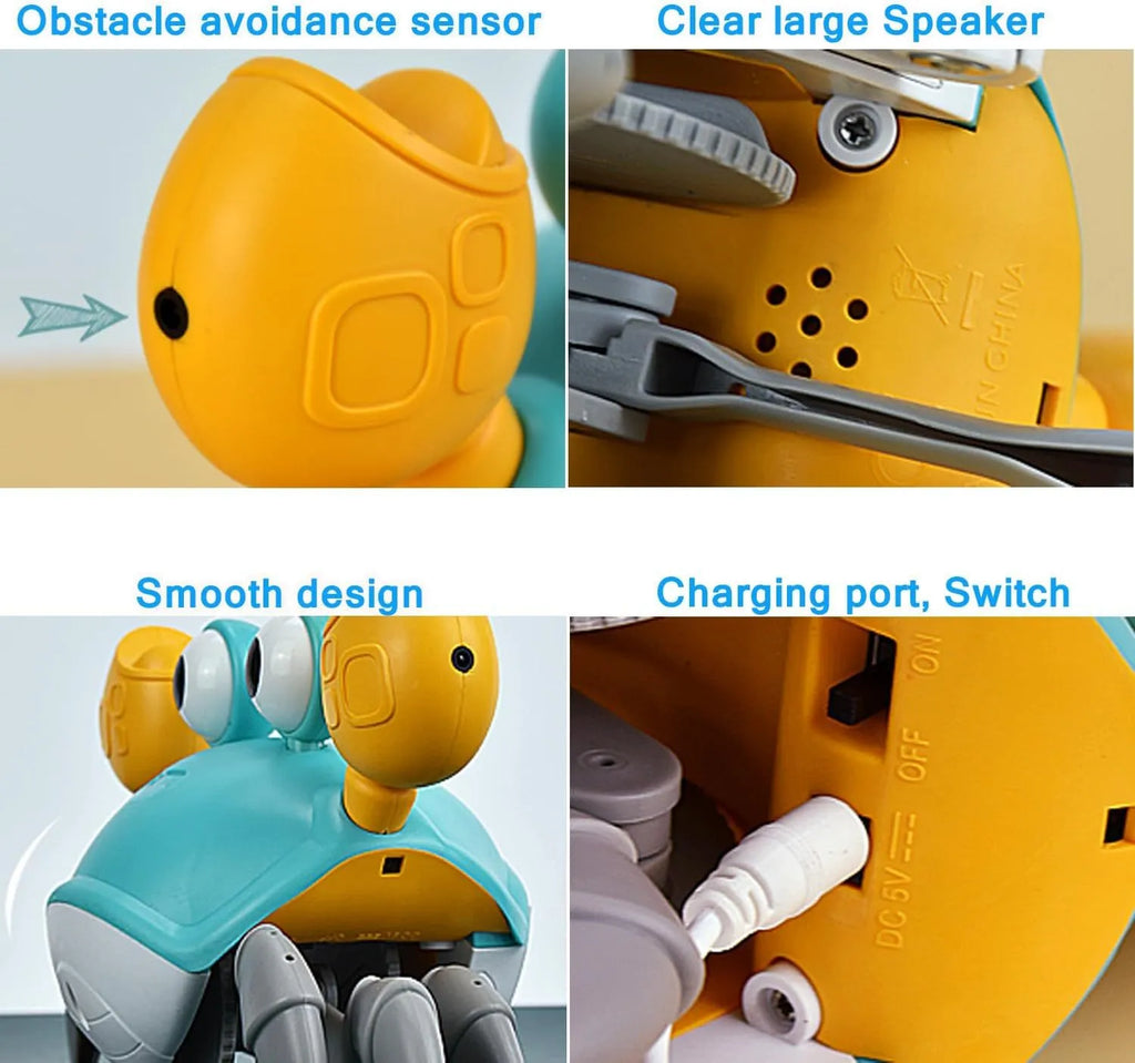 Blue crawling crab dog toy with obstacle avoidance sensors for interactive pet play