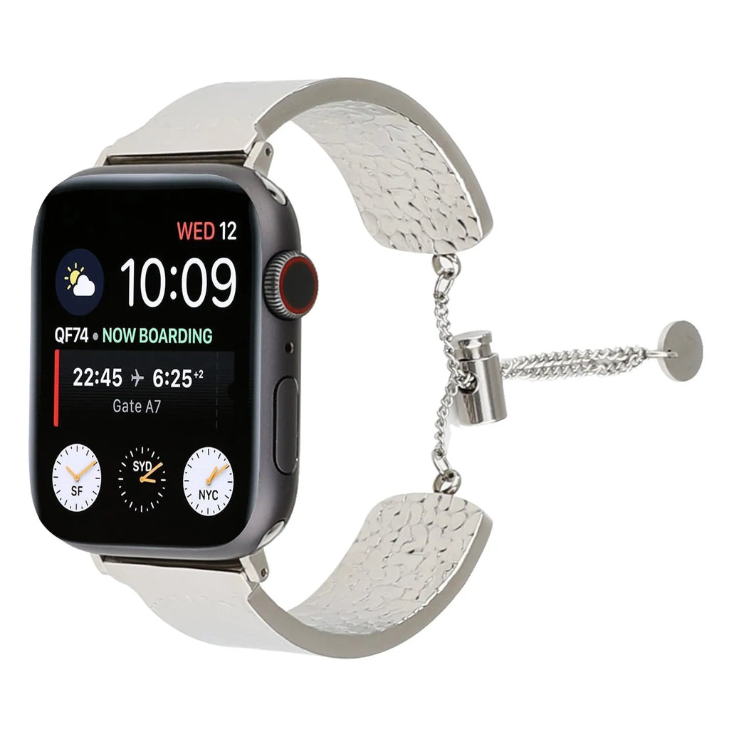 Metal embossed Apple Watch bracelet strap in gold, black, silver, and rose gold for 38/40/41mm and 42/44/45mm cases