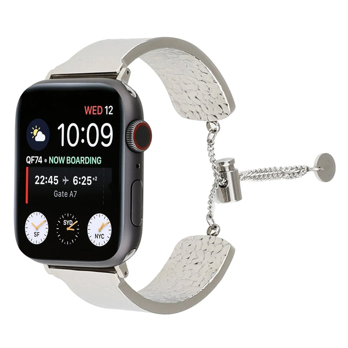 Metal embossed Apple Watch bracelet strap in gold, black, silver, and rose gold for 38/40/41mm and 42/44/45mm cases
