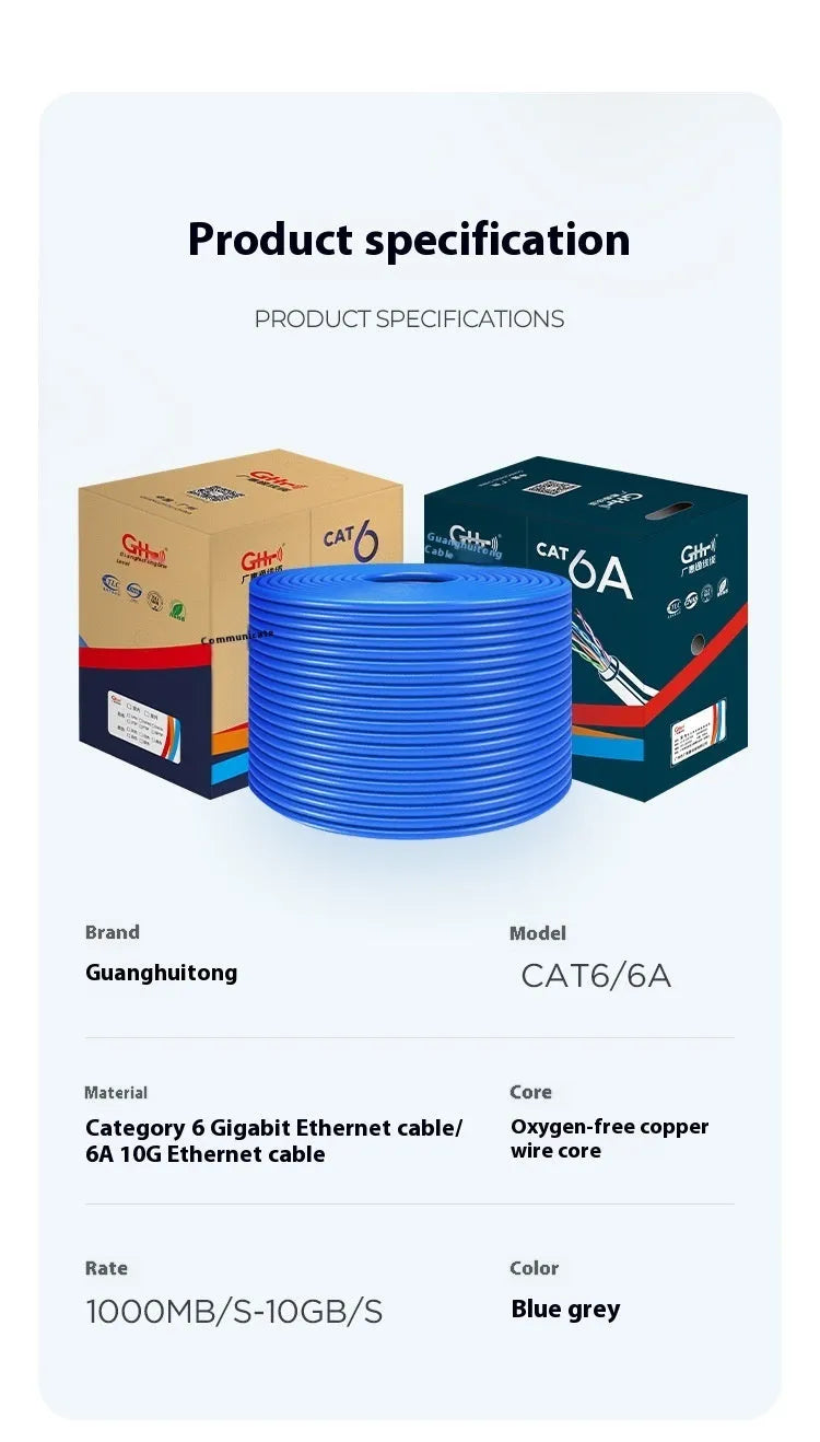 305-metre reel of blue Cat6 oxygen-free copper network cable with gigabit and 10-gigabit ethernet support