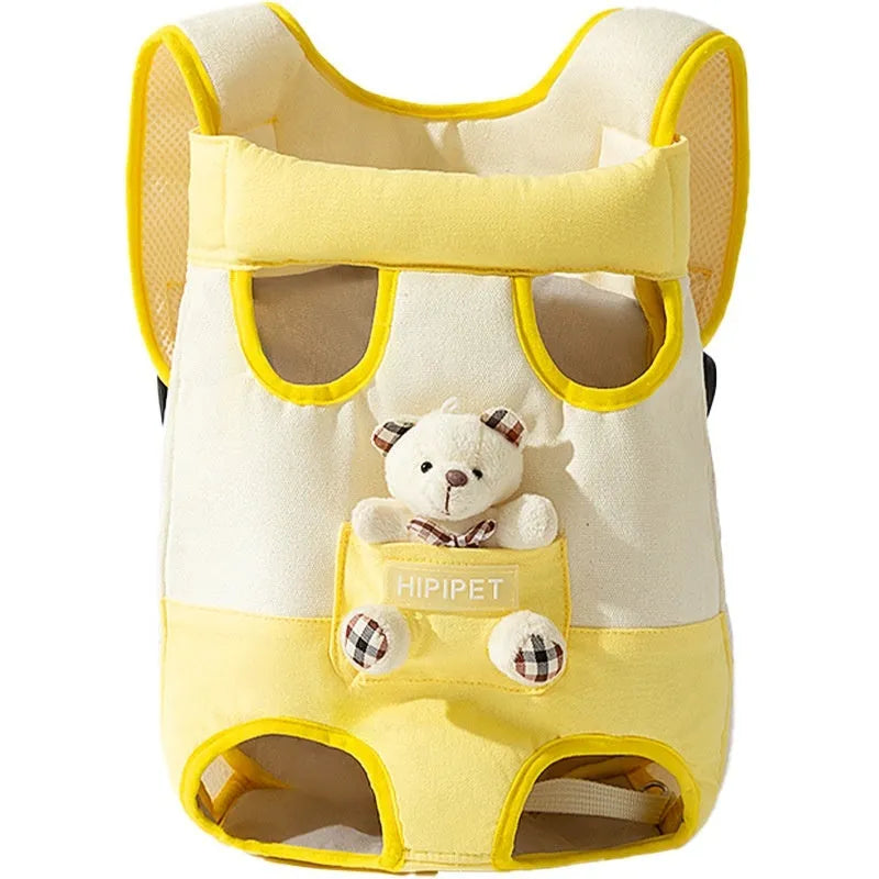 Cartoon animal print pet chest bag in soft canvas with colourful stitching, shown in Beka yellow bear design.