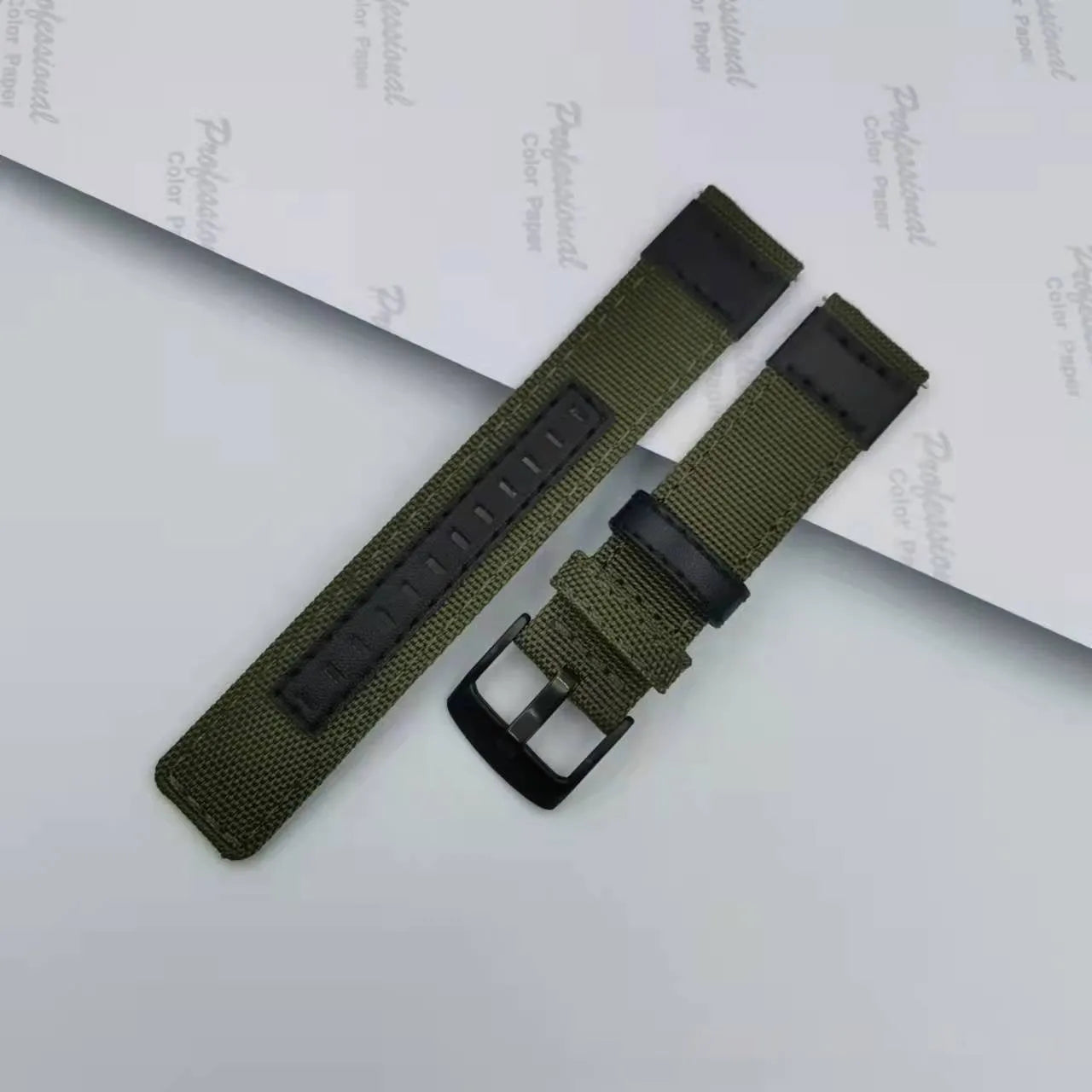 Oxford cloth canvas watch strap shown in multiple colour options including black, army green, and camouflage.