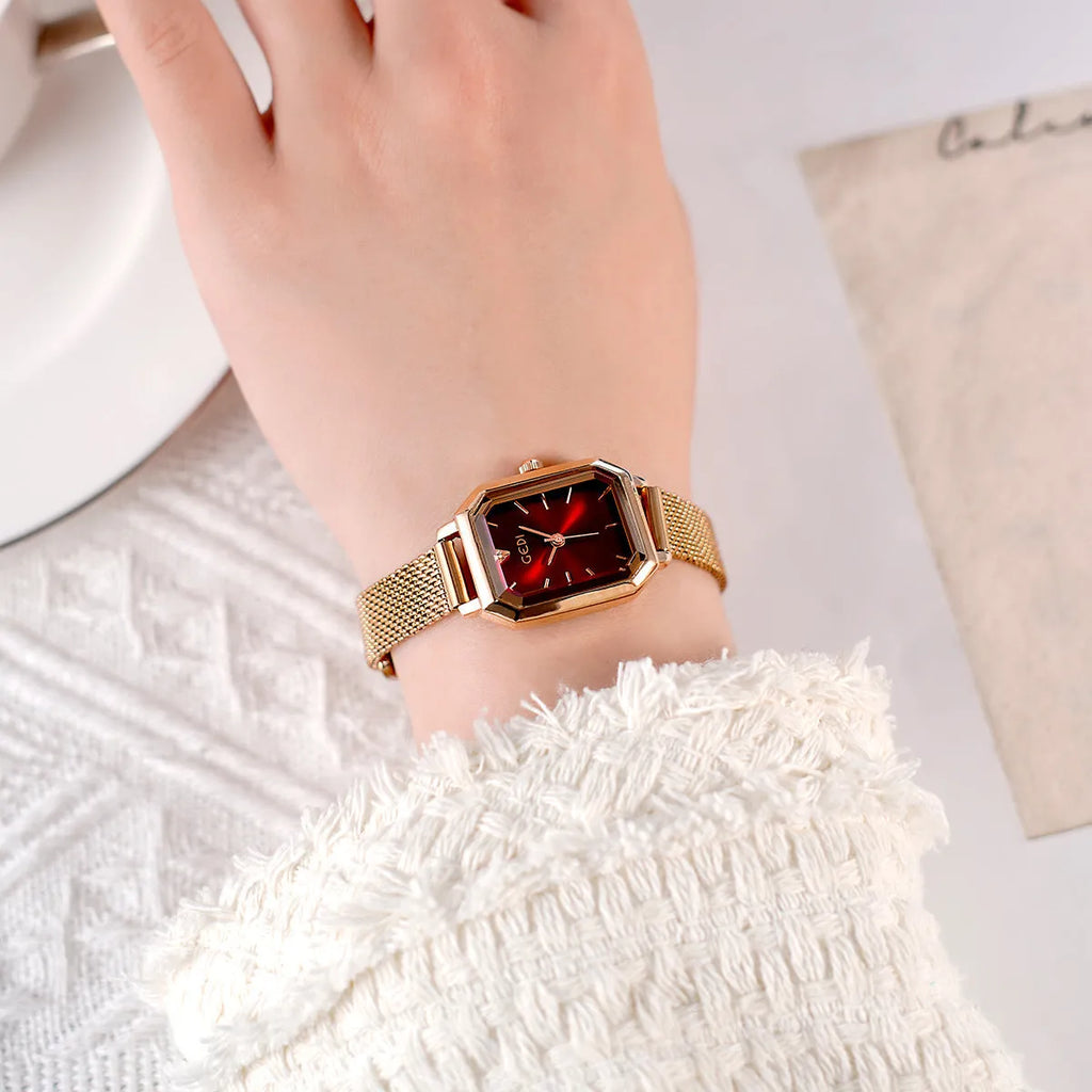 Women's square retro casual watch with rose shell case showing colour options including green, white, blue and black dials