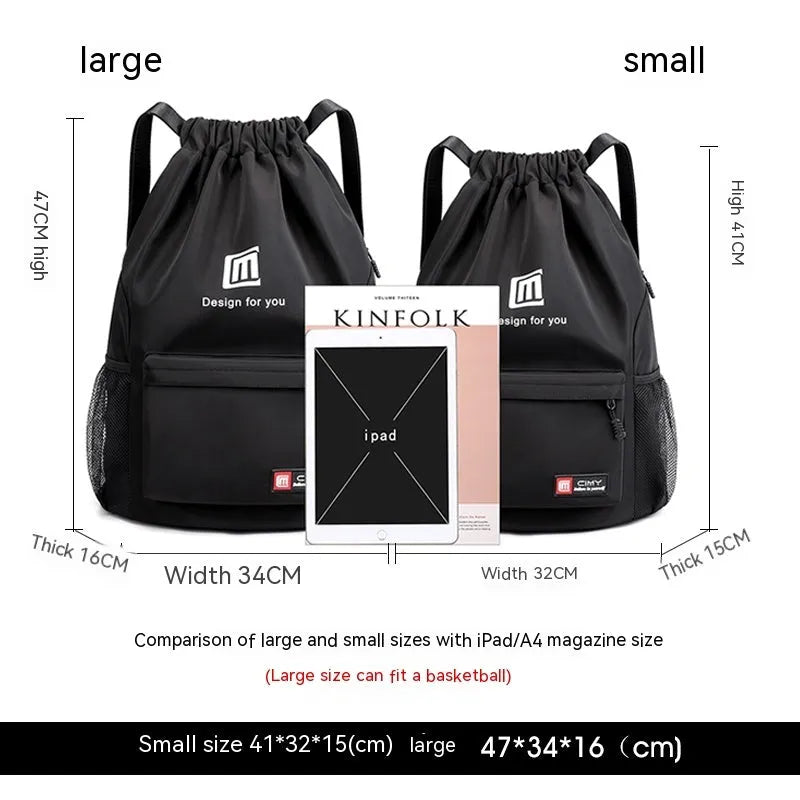 Unisex foldable Oxford drawstring backpack in multiple colours, showing large main compartment and shoulder straps.