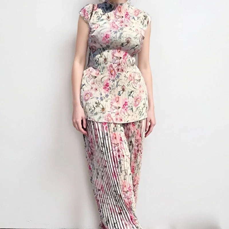 Printed chiffon two-piece dress set with long sleeves and high waist