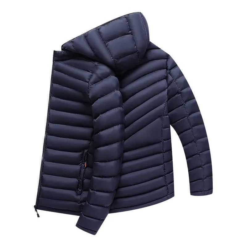 Men's black hooded lightweight down jacket with detachable collar and zipper pockets