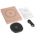 Black 15W fast wireless charger with glossy flat surface and Micro USB interface for Apple and Huawei phones