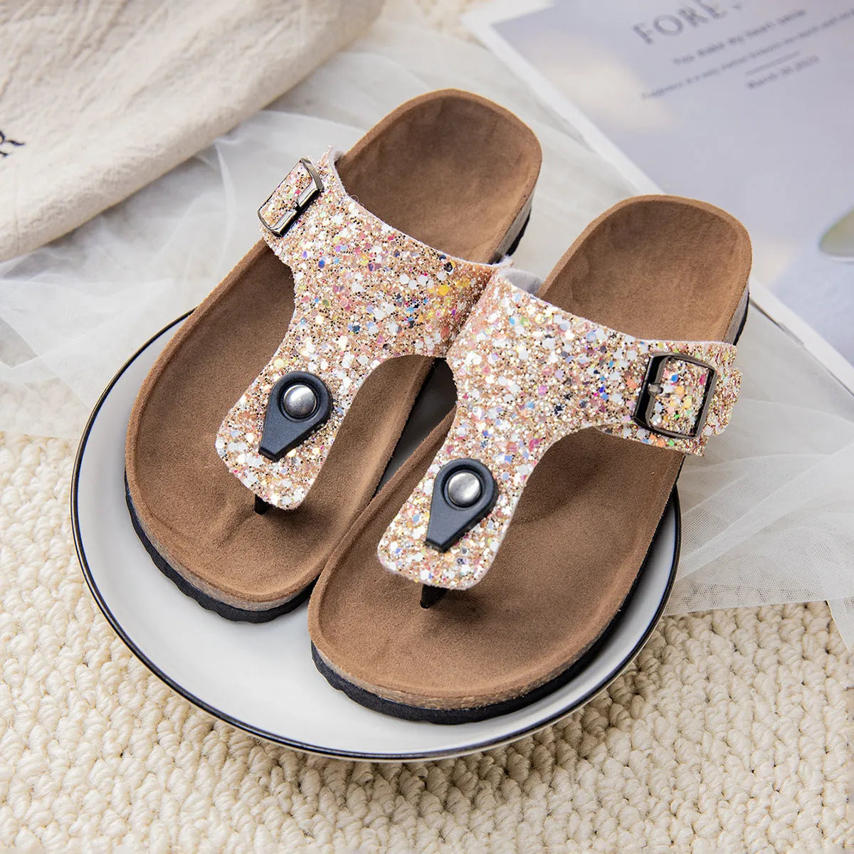 Cork flip-flops couples shoes in gold pink silver colours with PVC soles and artificial leather upper
