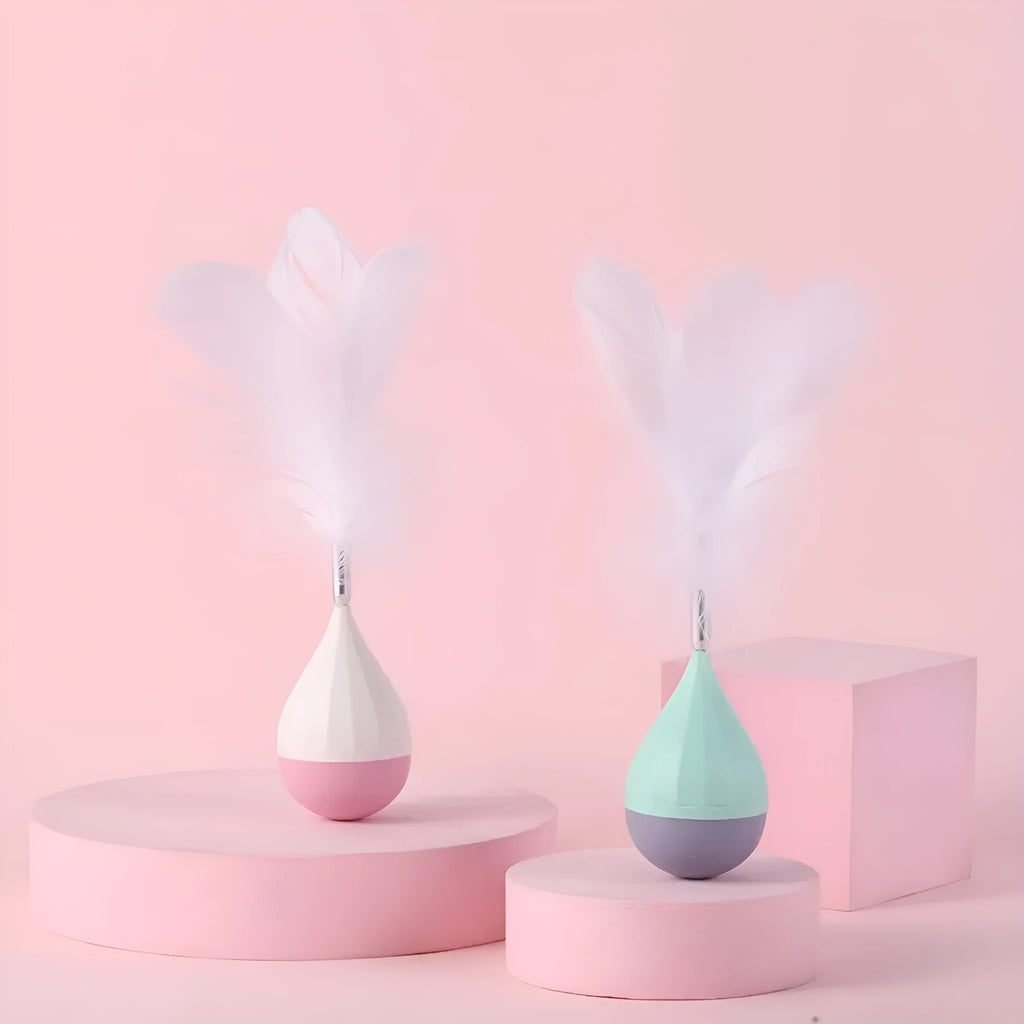 Feather tumbler cat toy with bite-resistant ball and goose feather teaser in green or pink