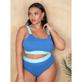 Women's high-waisted bikini set in solid colour with split bottom and stitching detail