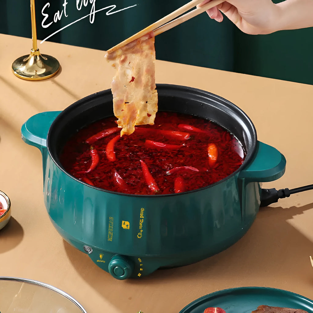 White electric non-stick pot with integrated heating element for steaming and frying