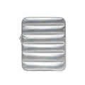 Puff bag laptop sleeve in black, khaki, or silver for 9.7 to 11 inch devices, showing fluffy padding and elastic sides.