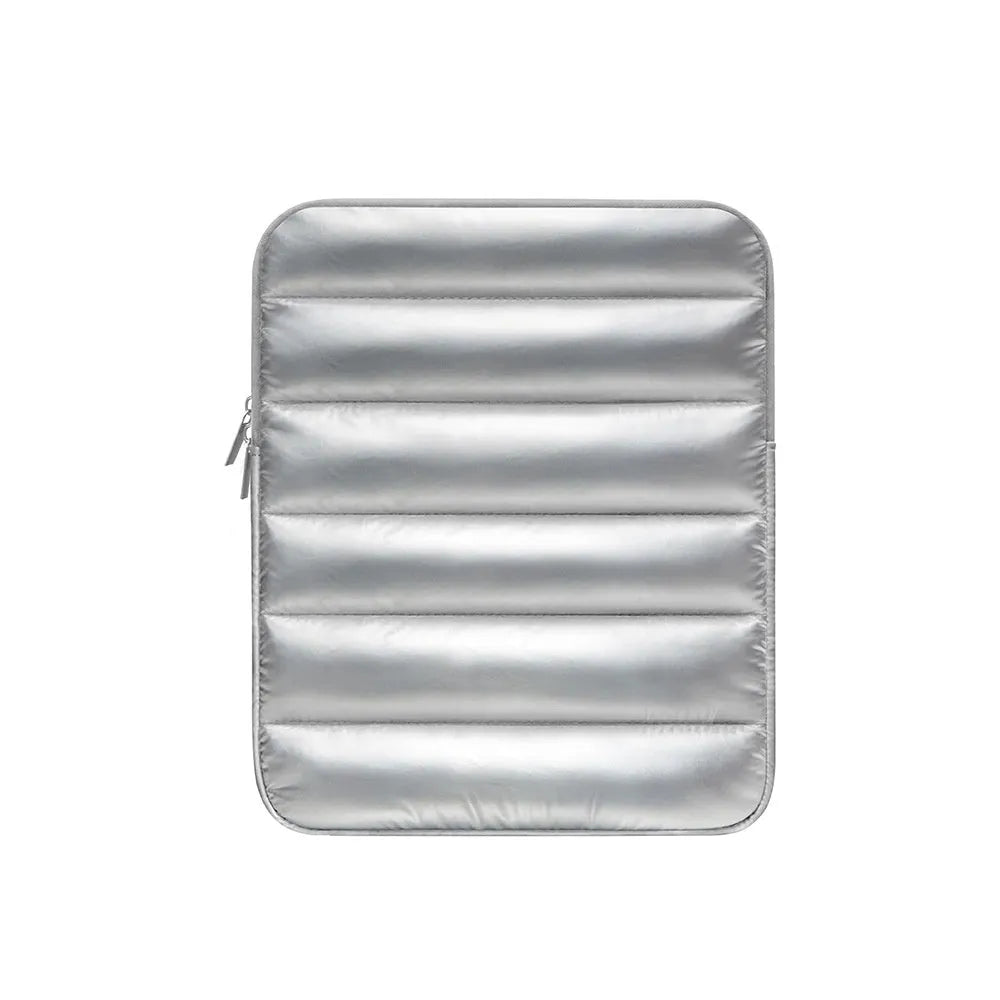 Puff bag laptop sleeve in black, khaki, or silver for 9.7 to 11 inch devices, showing fluffy padding and elastic sides.