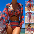 Women's three-piece swimsuit set showing sleeveless cutout blouse, high-waisted briefs, and a coat in the pictured colour.