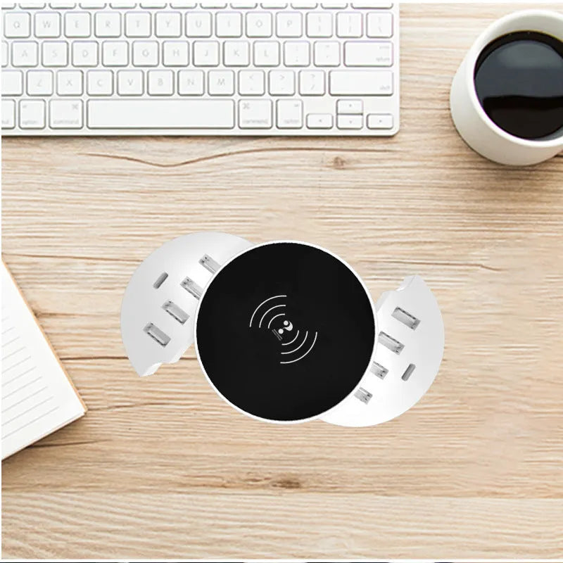Ceramic white circular multi-port wireless charger with international plug adapters