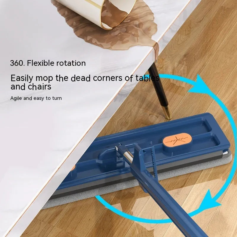 Large flat mop with extended stainless steel handle and blue fine fibre cloths on rotating head