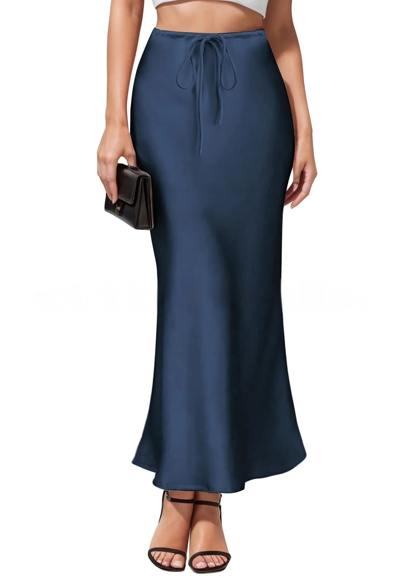 Asymmetric high-waisted acetate satin skirt in a solid colour with irregular stitching detail