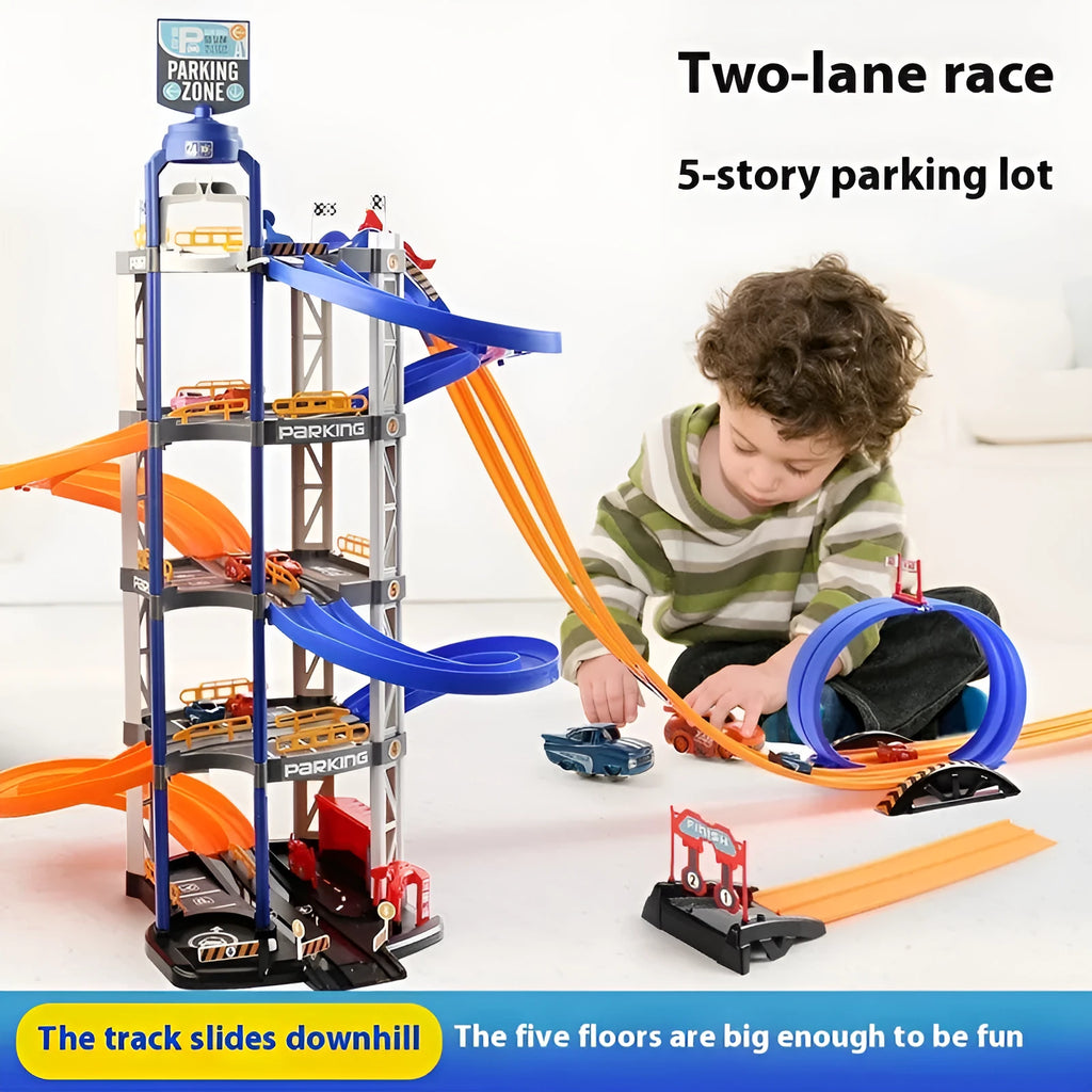Two-lane competition 5-storey 8-car DIY parking lot track toy set in plastic for children aged 4-6