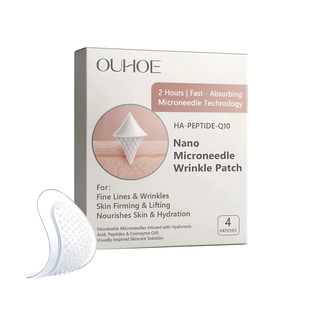 Nano microneedle wrinkle patch with acetyl hexapeptide-8 and coenzyme Q10, pack of 4 patches.