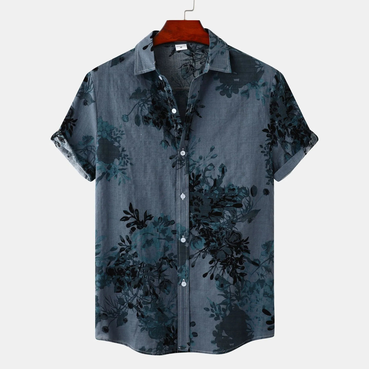 Men's floral lapel shirt in cotton, shown in grey, khaki, yellow and burgundy, sizes M to 3XL