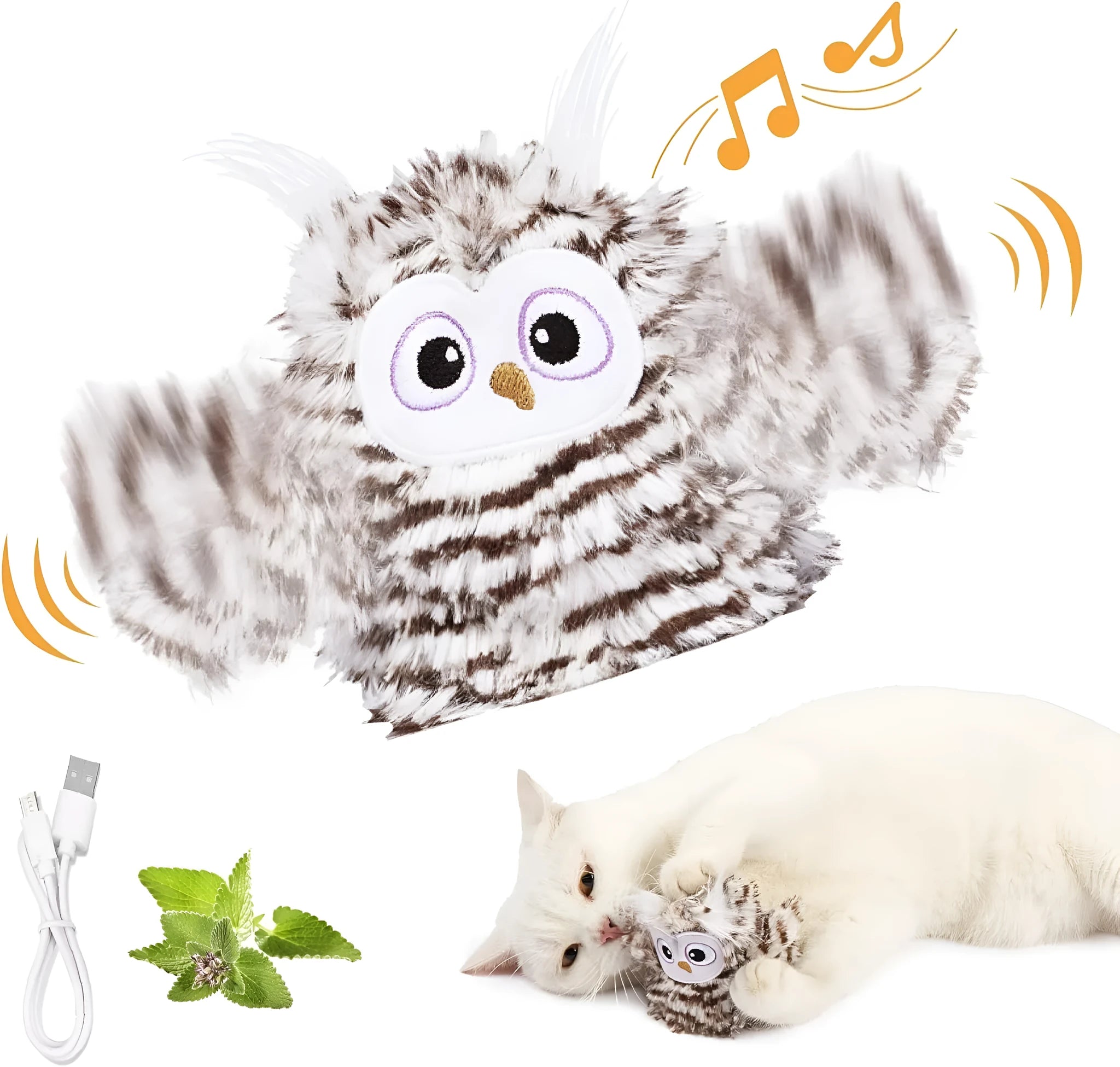 Grey automatic owl cat toy with flapping wings for indoor feline play