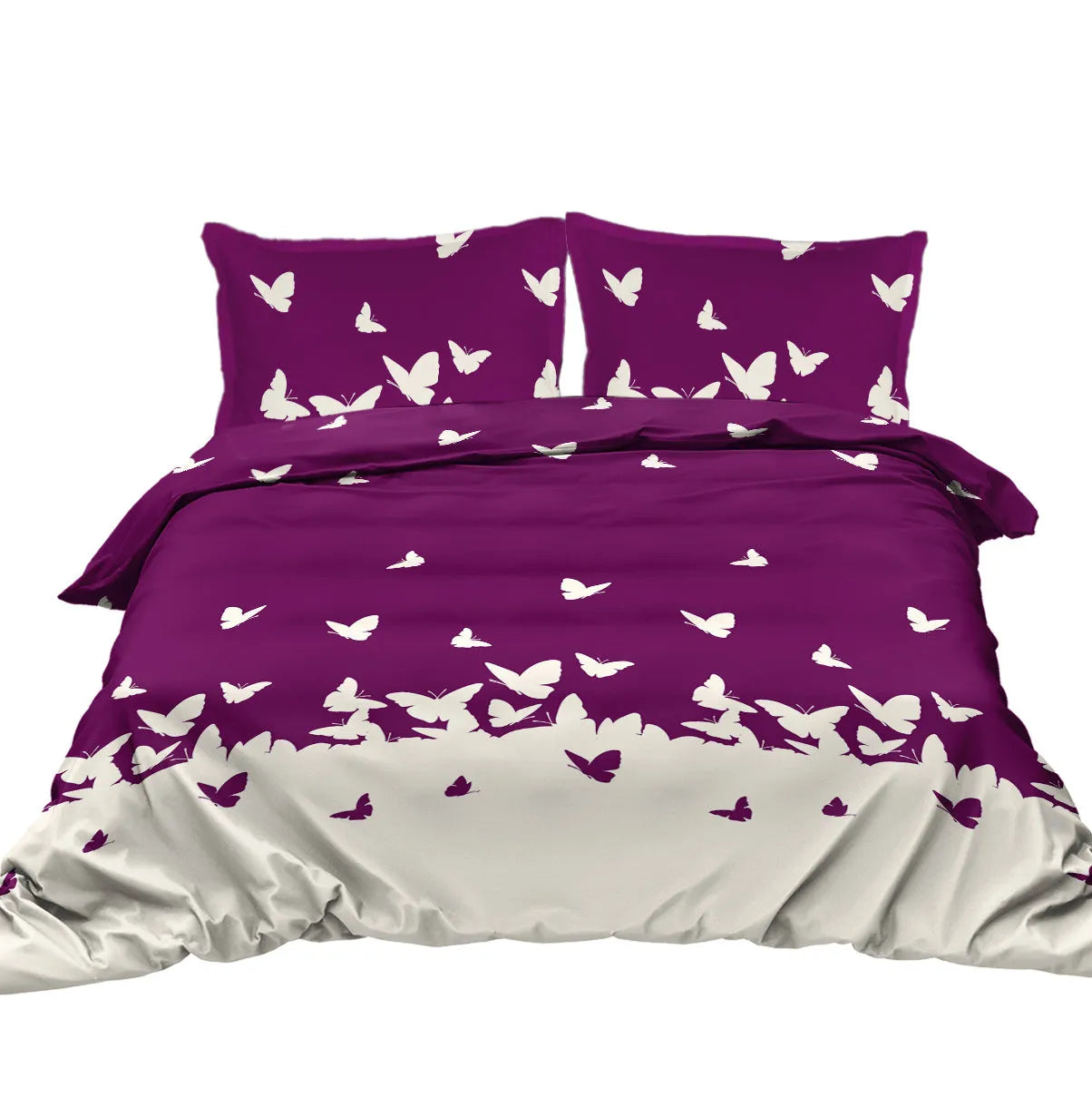 Purple butterfly reversible microfiber comforter set with two pillow shams on bed