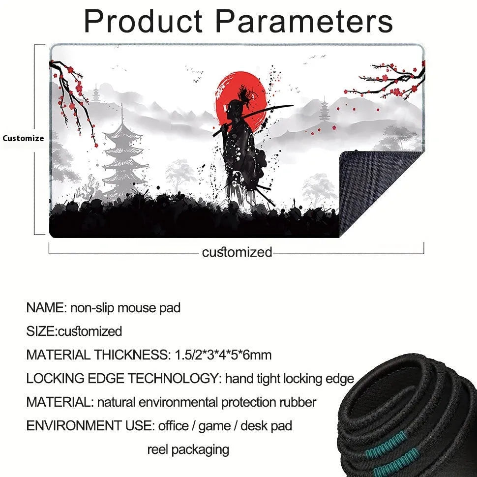 Japanese samurai artwork printed on a large black cloth gaming mouse pad on a wooden desk.