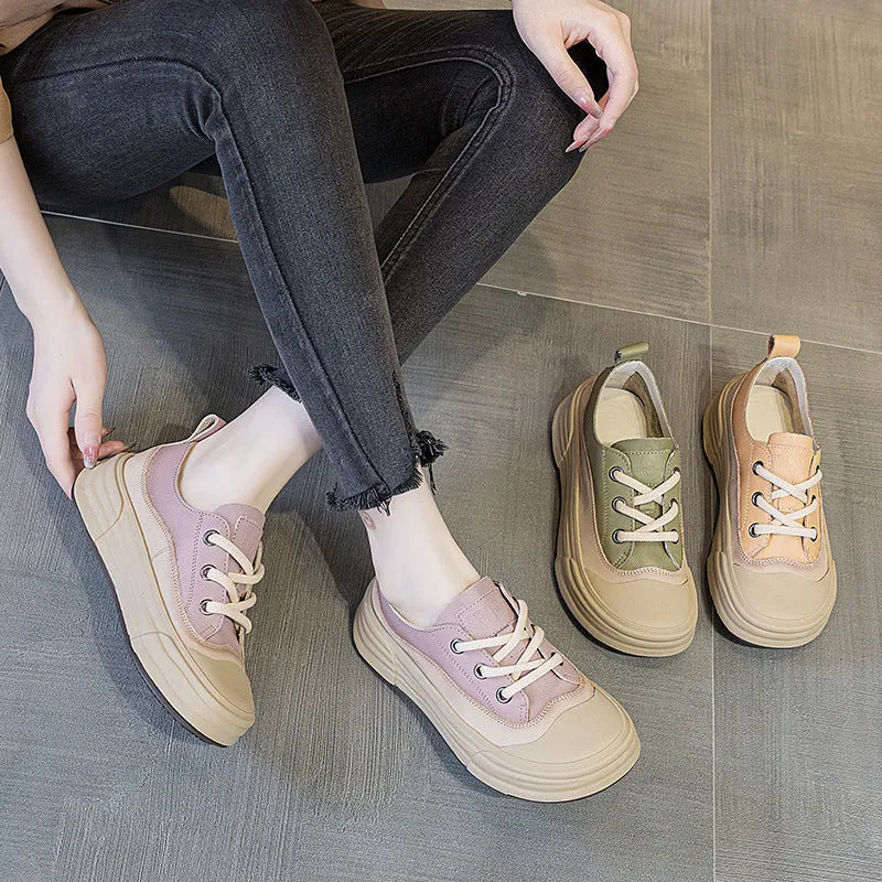 Women's matcha green platform sneakers made from cowhide with a lace-up front and pigskin lining.