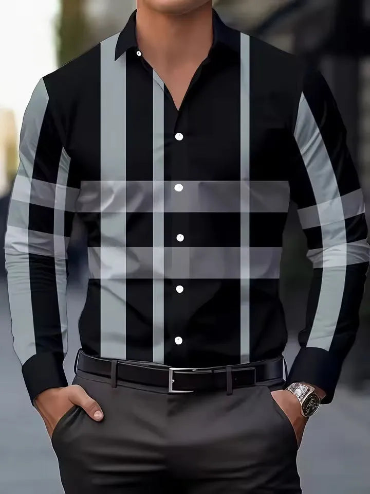 Men's striped button-up shirt with long sleeves and lapel collar in polyester fabric