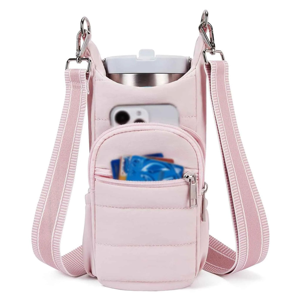 Cloth water bottle bag for bicycles in beige, black, or pink colour.