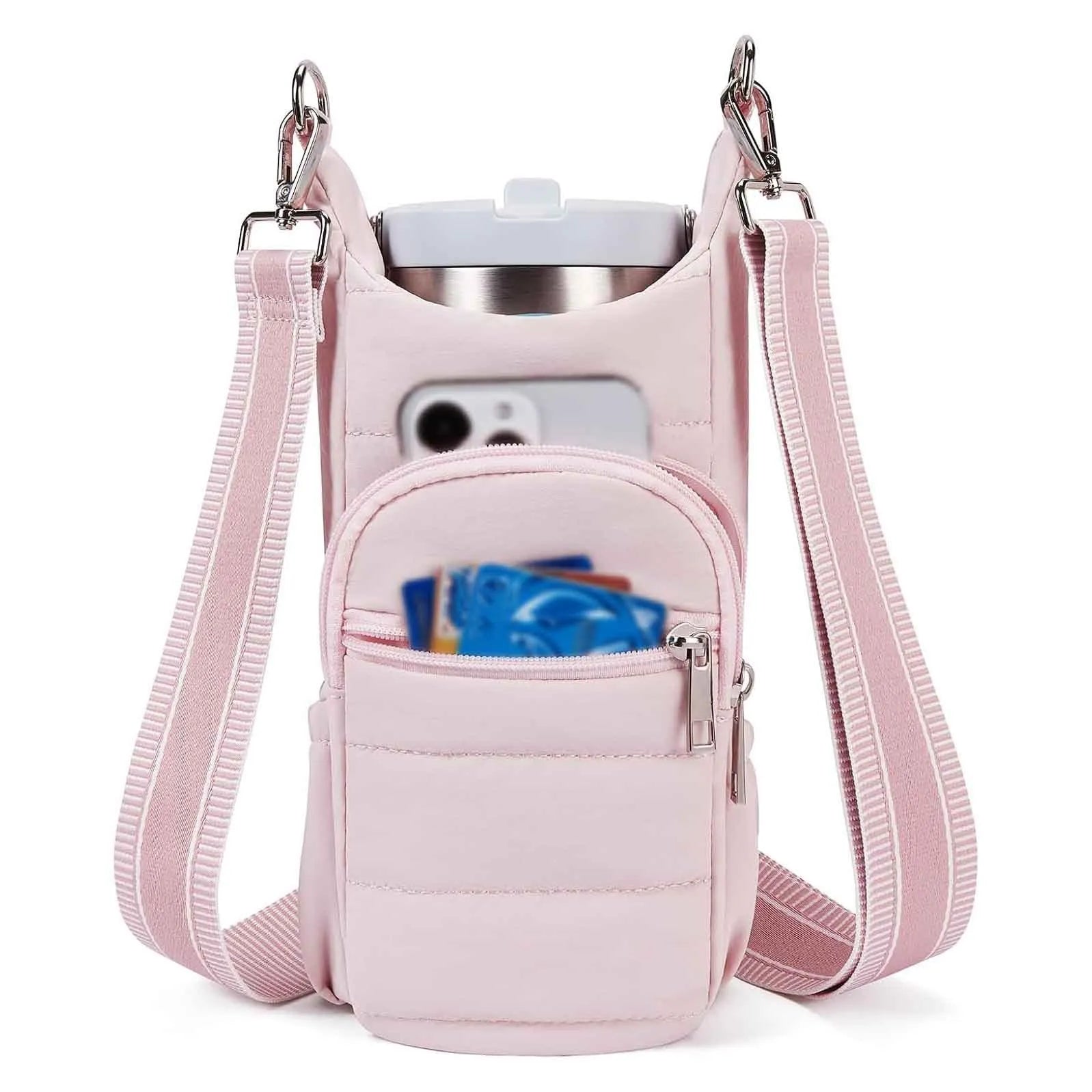 Cloth water bottle bag for bicycles in beige, black, or pink colour.