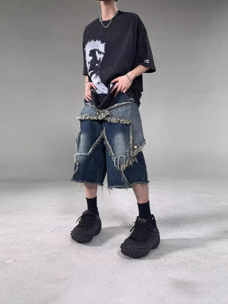 Blue retro denim shorts with frayed hem and five-pointed star design, loose fit for summer