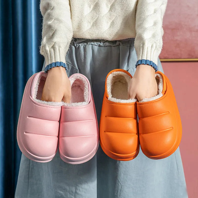 Couple cotton slippers in green with thick EVA sole and warm plush lining for winter garden and home use