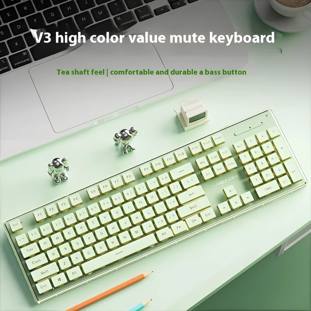 Prewalker V3 wired and wireless keyboard and mouse set in retro green colour on a desk