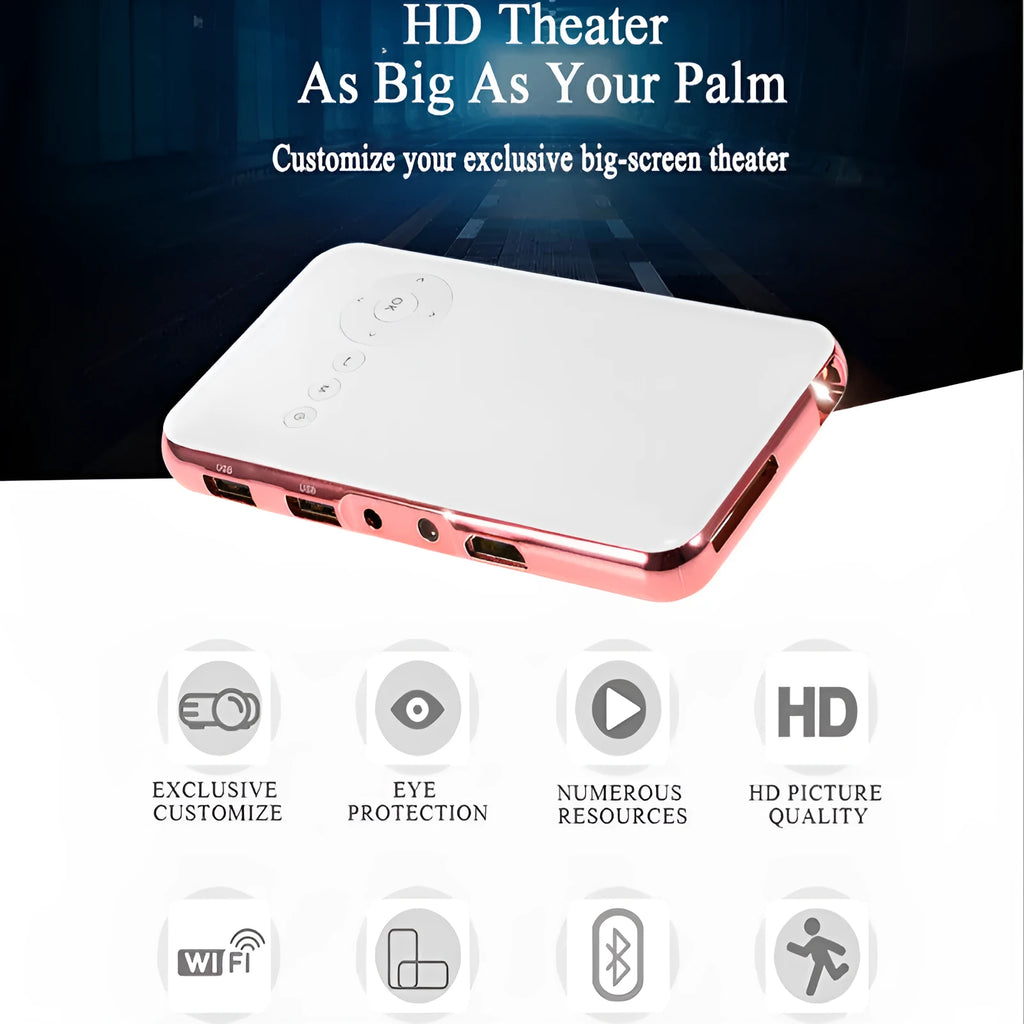 M6S miniature portable Android DLP projector in white rose gold, showing compact 145mm size