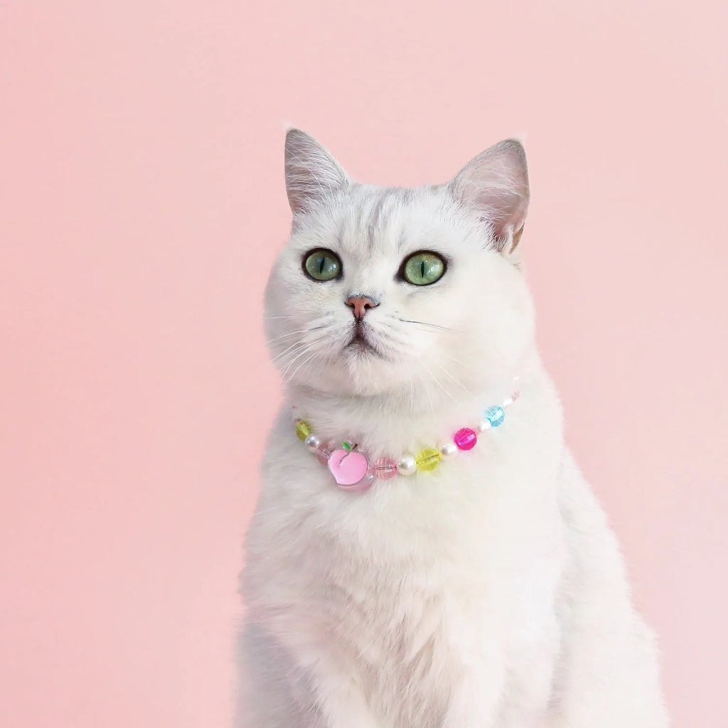Adjustable colourful beads plastic cat necklace in peach, rainbow and small flower designs