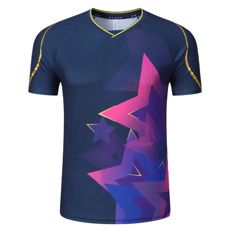 Men's and women's badminton sportswear set showing a short-sleeved polyester top and matching trousers in sapphire blue.