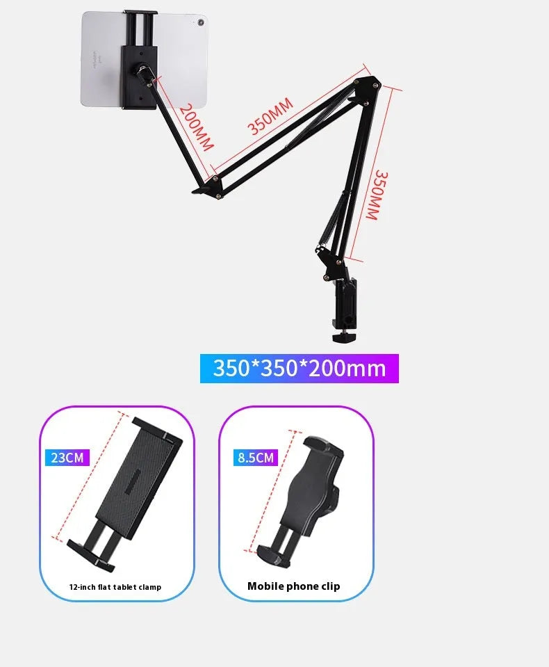 Black foldable metal desktop cantilever bracket holding a tablet at an angle.