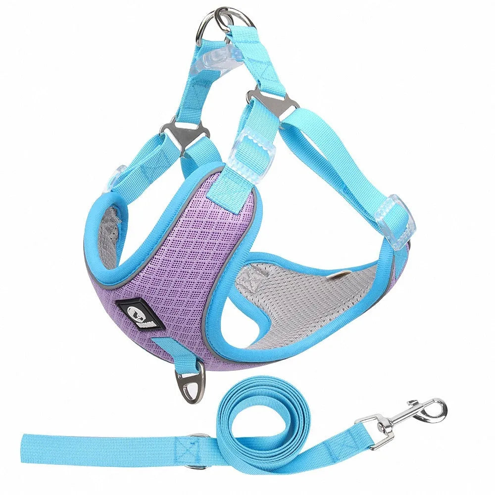Adjustable mesh dog harness with reflective piping in multiple colour options